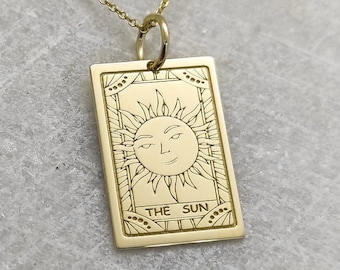 14K Gold The Sun Tarot Card Necklace, Rectangle Sun Tarot Pendant, Personalized Sun Jewelry, Sunshine Charm, 14K Gold Summer Tarot Necklace