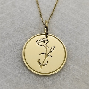 Collar de flores de clavel del mes de nacimiento de oro de 14K, regalo colgante de flores de cumpleaños de enero delicado, regalo de joyería de flores de nacimiento de oro real de 14K para mujeres