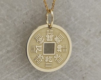 14K Solid Gold Chinesische Münze Halskette, Gold Glücksmünze Anhänger, Personalisierter Glücksschmuck, Feng Shui Charm, gravierte Glücksmünze Halskette