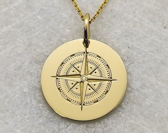 14K Solid Gold Compass Necklace, Engraved Disc Pendant