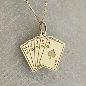 14K massief gouden speelkaartenketting, gouden pokerhanger, schoppenaas koning koningin Royal Flush pokerkaarten sieraden, cadeau kaartspeler
