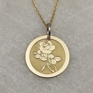 14K Real Solid Gold Rose Flower Necklace, Personalized Rose Pendant, Engraved Rose Flower Charm, Gold Disc Necklace Flower, Women Necklace