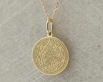14K Solid Gold Seven Erzengel Siegel-Halskette, Schutz-Schmuck, Siegel von sieben Erzengel-Anhänger, Siegel von Salomon-Charme, okkulte Halskette