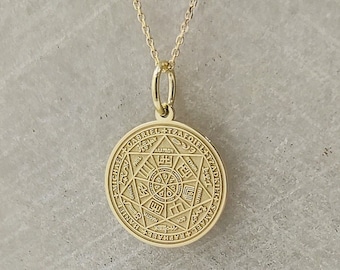 9K Solid Gold Seal Of The Seven Archangels Necklace, Gold Seven Archangels Coin Pendant, Personalized Protection Disc Charm, Religious Gift