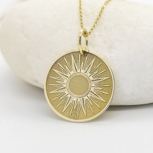 14K Real Gold Sunburst Disc Pendant, 14K Solid Gold Sun Necklace, Dainty Gold Personalized Sun Charm, 14K Golden Sun Layering Women Necklace