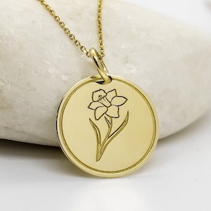 14K Solid Gold Narcissus Birthflower Necklace, Narcissus December Flower Charm, Gold Disc Birthflower Pendant, December Flower Month Gift