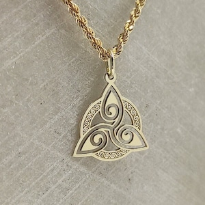 14K Solid Gold Triskelion Necklace, Engraved Celtic Pendant, Irish Knot Jewelry, Triquetra Charm, Trinity Knot Necklace, Celtic Symbol Charm