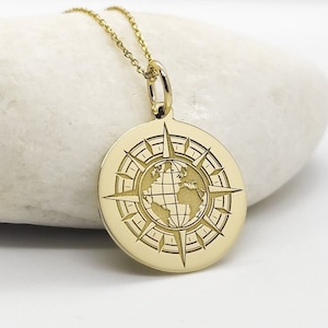14K echt gouden hanger aarde kompas, 14K massief gouden aardekaart ketting, gepersonaliseerde aarde kompas charme, sierlijke wereldkaart gouden sieraden