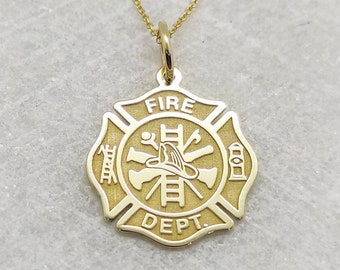 14K Solid Gold Firefighter Pendant, Gold Fireman Disc Necklace, Custom Fireman Charm, Firefighter Gold Coin, Personalized Fireman Necklace