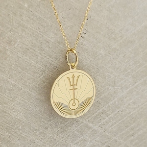 14K Solid Gold Trident Necklace, Gold Coin Poseidon Trident Pendant, Personalized Greek Mythology Jewelry, Engraved Poseidon Trident Charm