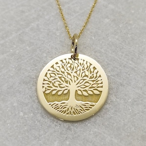 9K Solid Gold Tree Necklace, Gold Disc Tree Of Life Pendant, Personalized Family Tree Jewelry, Engraved Tree Charm, Gold Tree Pendant