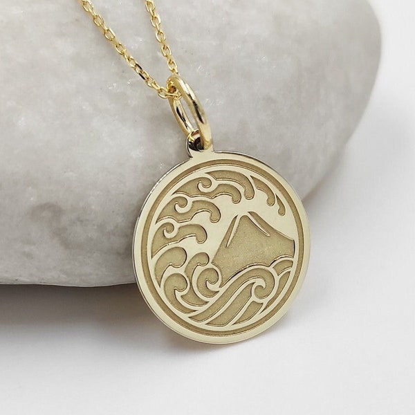 14K Real Solid Gold Ocean Wave Pendant, Gold Waves Coin Necklace, Dainty Nature Jewelry, Personalized Ocean Wave Disc Charm, Surfer Gift