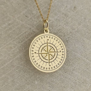 14K Solid Gold Compass Necklace, Engraved Compass Jewelry, Gold Disc Compass Pendant, Personalized Compass Charm, Navigation Compass Jewelry