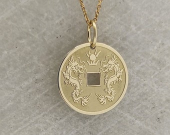 14k solido oro drago moneta cinese collana, ciondolo moneta d'oro fortunato, gioielli moneta Feng Shui, fascino moneta cinese, collana doppio drago