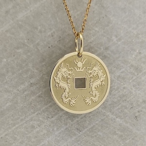 14K Solid Gold Dragon Chinese Coin Necklace, Gold Lucky Coin Pendant, Feng Shui Coin Jewelry, Chinese Coin Charm, Double Dragon Necklace