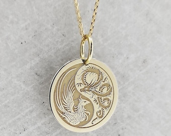 14K Solid Gold Yin Yang Dragon Phoenix Pendant, Ancient Chinese Jewelry, Gold Phoenix and Dragon Pendant, Yin Yang Charm, Mythology Necklace
