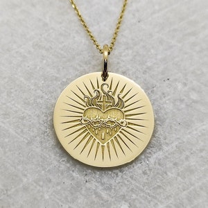 9K Solid Gold Flaming Sacred Heart Necklace, Dainty Religious Heart Coin Pendant, Personalized Heart Of Jesus Disc Jewelry, Religious Gift