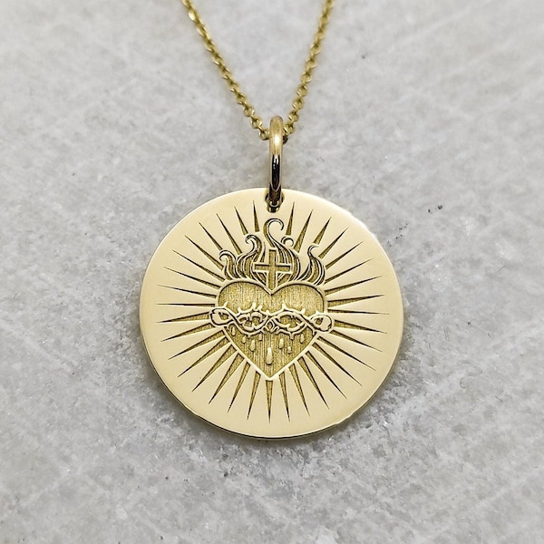 14K Gold Sacred Heart Necklace, 14K Solid Gold Sacred Heart Pendant, Heart of Jesus Charm, Religious Sacred Heart Jewelry, Heart Gold Disc