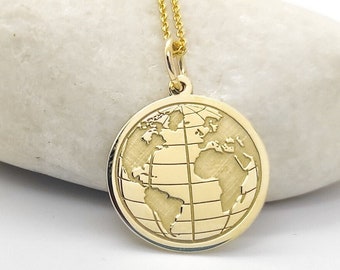 14K Real Gold Earth Pendant, Disc Wanderlust Necklace, Personalized Earth Charm, Gold Dainty Earth Jewelry, World Map Necklace, Gift For Her