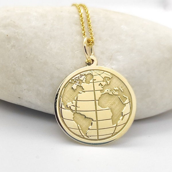 14K Real Gold Earth Pendant, Disc Wanderlust Necklace, Custom Earth Charm, Gold Dainty Earth Jewelry, World Map Necklace, Gift For Her