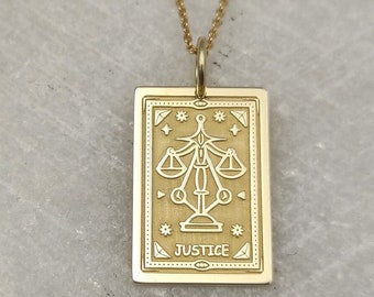 14K Gold The Justice Tarot Card Necklace, Justice Scale Rectangle Pendant, Justice Raider Tarot Card Deck Charm, 14K Gold Tarot Card Gift