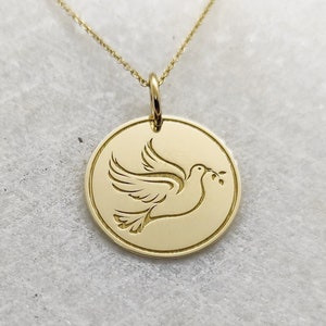 14K Gold Dove Necklace: Engraved Bird of Peace Charm