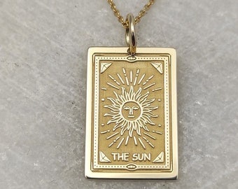 14K Gold The Sun Tarot Card Necklace, Dainty Personalized Sun Tarot Charm, Rectangle Sun Pendant For Women, Custom Engraved Tarot Card Charm