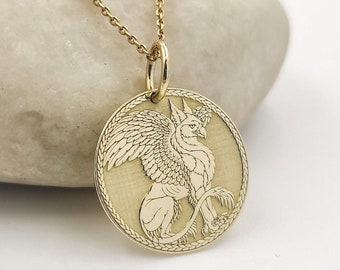 14K Solid Gold Griffin Necklace, Gold Coin Greek Mythology Pendant, Personalized Griffin Jewelry, Ancient Greek Charm, Engraved Necklace