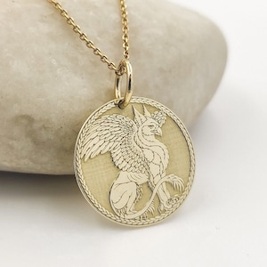 14K Solid Gold Griffin Necklace, Gold Coin Greek Mythology Pendant, Personalized Griffin Jewelry, Ancient Greek Charm, Engraved Necklace
