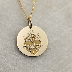 9K Solid Gold Sacred Heart Pendant, Gold Heart of Jesus Necklace, Religious Jewelry, Engraved Heart Charm, Catholic  Necklace, Heart Pendant