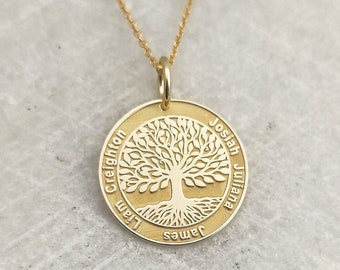 14K Solid Gold Tree Of Life Pendant, Gold Family Tree Jewelry, Personalized Family Name Necklace, Family Charm, Tree Necklace, Gift for Mom