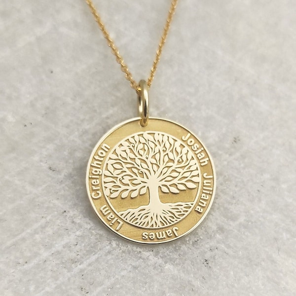 14K Solid Gold Tree Of Life Pendant, Gold Family Tree Jewelry, Personalized Family Name Necklace, Family Charm, Tree Necklace, Gift for Mom