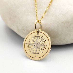 14K Solid Gold Compass Necklace, Gold Coin Compass Pendant, Personalized Compass Jewelry, North Star Compass Necklace, Traveler Gift
