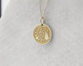 9K Solid Gold Mountain Moon Pendant Necklace: Engraved Personalized Charm