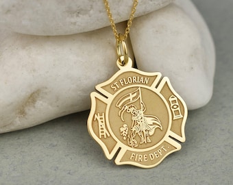 14K Solid Gold Firefighter Pendant: Engraved Saint Florian Charm