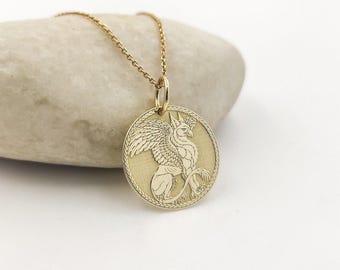 14K Gold Greifen Halskette: Anhänger, Münzanhänger aus der griechischen Mythologie
