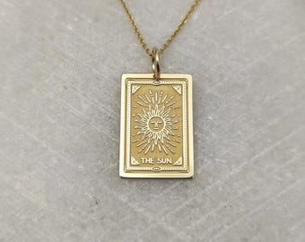 14K Gold Sun Tarot Card Necklace: Personalized Engraved Charm