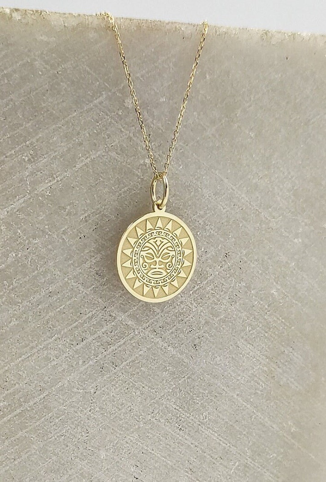 14K Solid Gold Maori Face Necklace, Gold Maori Sun Pendant