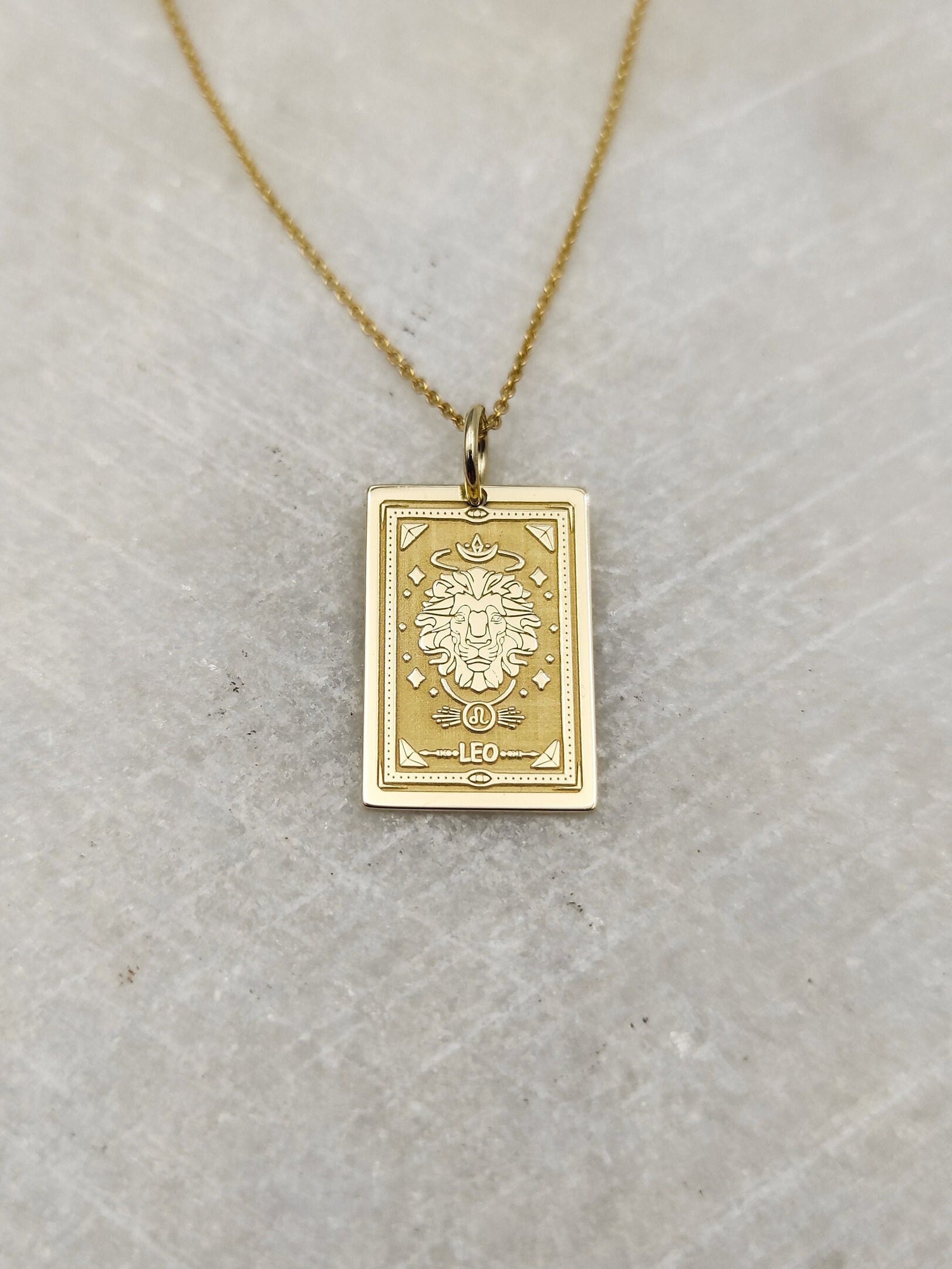 14K Gold the Lion Zodiac Sign Tarot Card Necklace Gold Leo Etsy