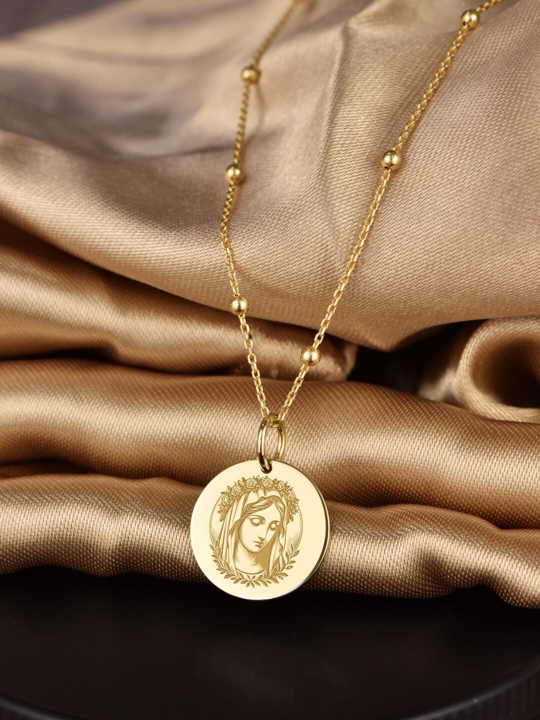 14K Solid Gold Holy Mother Pendant Necklace - Virgin Mary Jewelry - Etsy