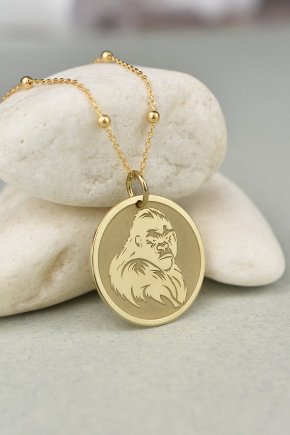 14K Solid Gold Gorilla Necklace Gold Engraved Wild Animal Disc Jewelry Personalized Gorilla Coin Pendant Wild Animal Charm Gorilla Charm Etsy
