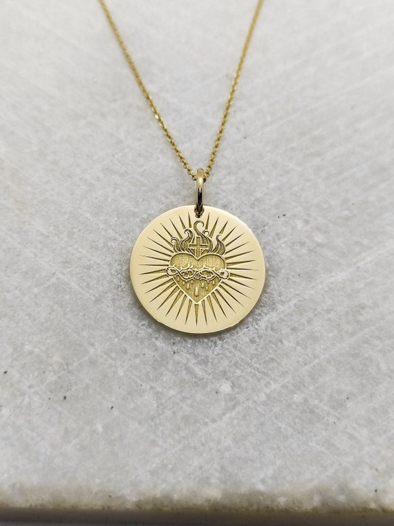 14K Gold Sacred Heart Necklace 14K Solid Gold Sacred Heart Pendant Heart of Jesus Charm Religious Sacred Heart Jewelry Heart Gold Disc Etsy