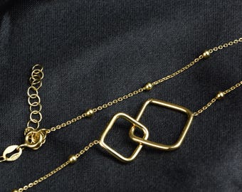 Gold Interlocking Rhombus Necklace: Minimalist Beaded Satellite Chain