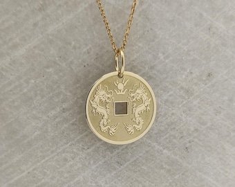 14K Solid Gold Chinese Dragon Necklace, Feng Shui Jewelry Pendant, Twin Dragon Medallion, Asian Prosperity Amulet, Personalized Pendant