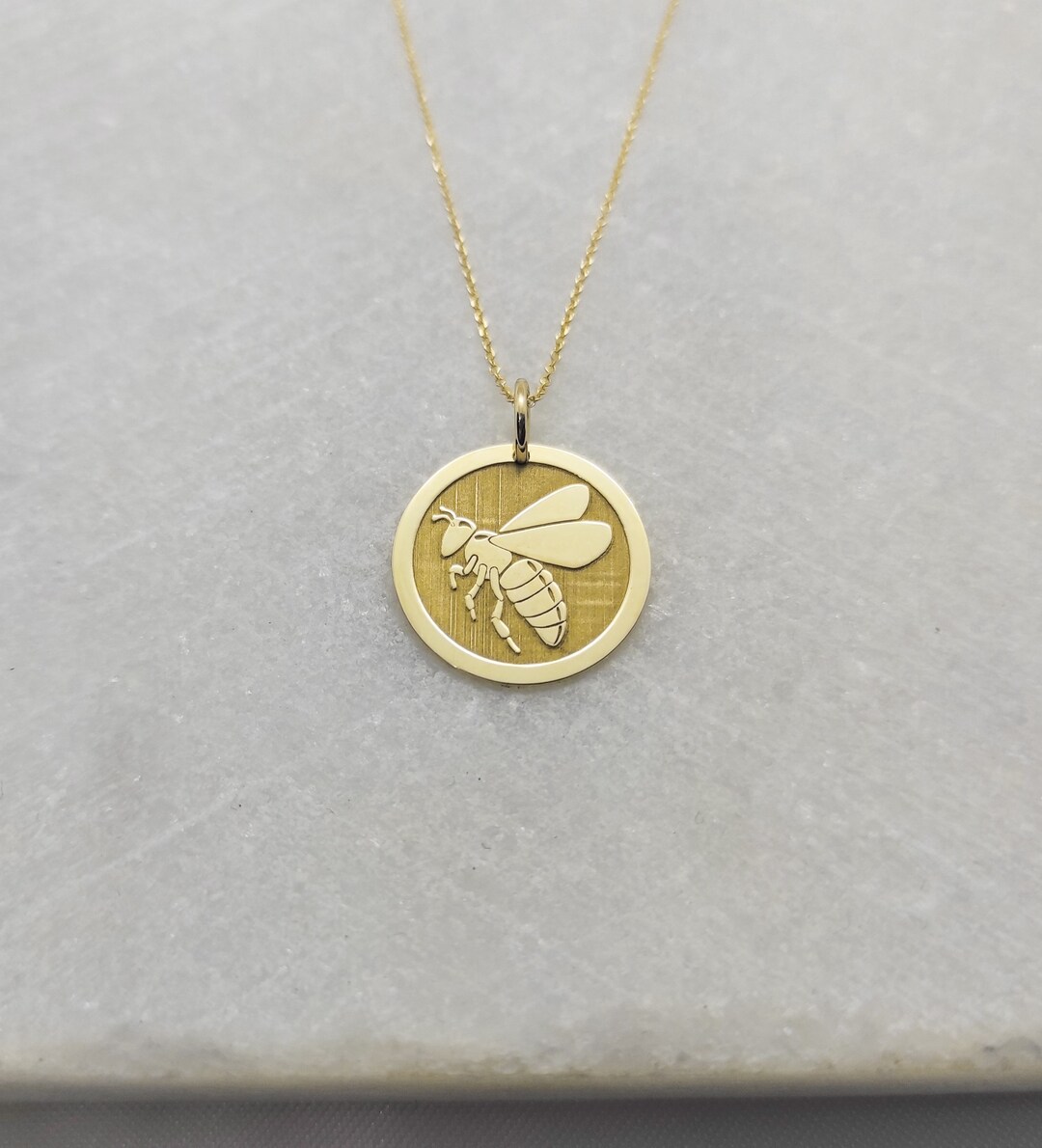 14K Solid Gold Bee Pendant Engraved Bee Necklace Dainty Bee Etsy