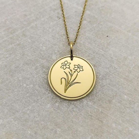 14K Gold Jonquil Flower Necklace: Engraved Birth Month Pendant