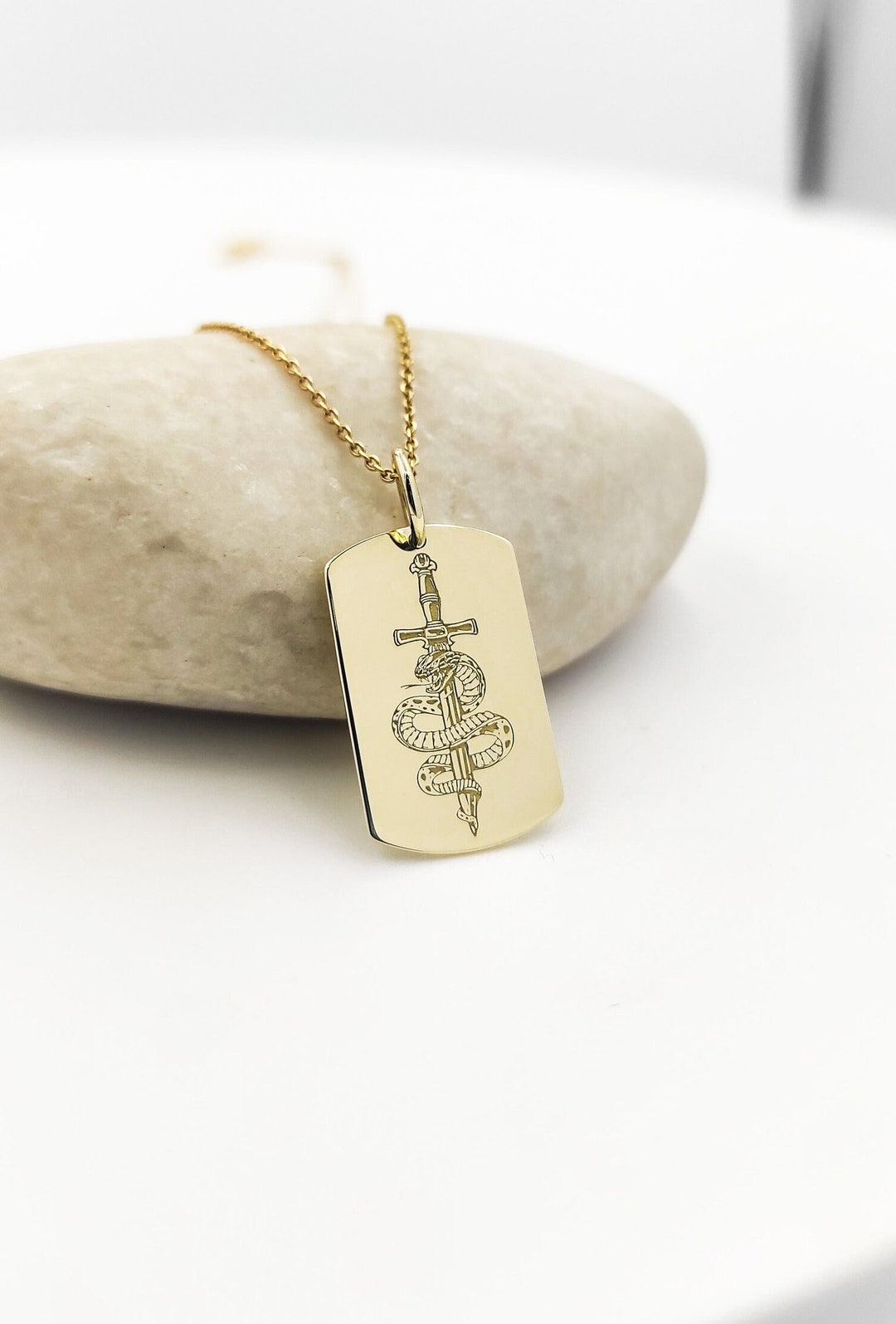 14K Solid Gold Snake Dagger Tag Necklace, Sword Snake Pendant ...