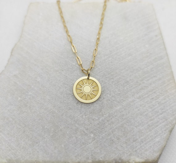 14K Gold Sun Necklace Engraved Sun Ray 