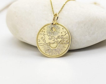 14K Gold Celestial Necklace: Sun and Moon Disc Pendant, Personalized Jewelry
