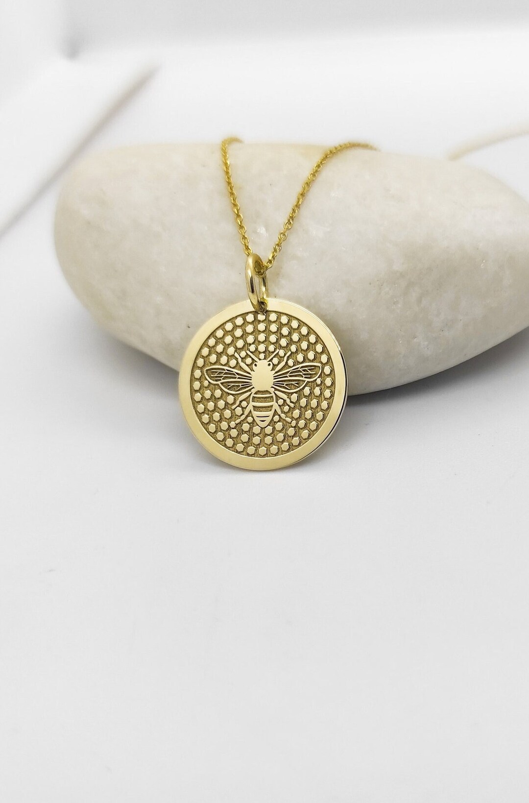 14K Real Gold Bee Pendant, Personalized Honeybee Charm, Gold Honeybee